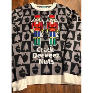 Festified‎ Mens XL Crack Deeeeez Nuts Nutcracker Ugly Christmas Sweater Grey